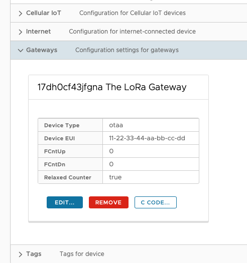 Gateway configuration for device